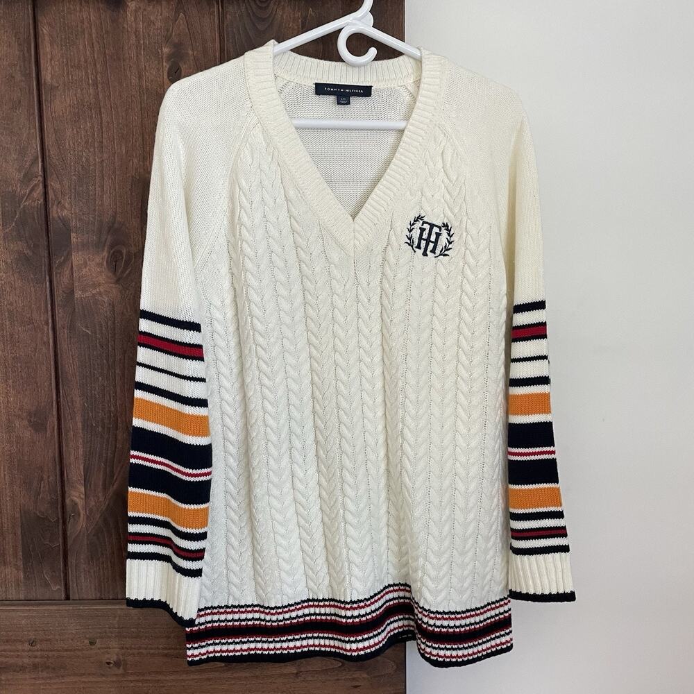 Tommy Hilfiger Varsity Cable Knit Sweater Size Large Ivory Women's Preppy